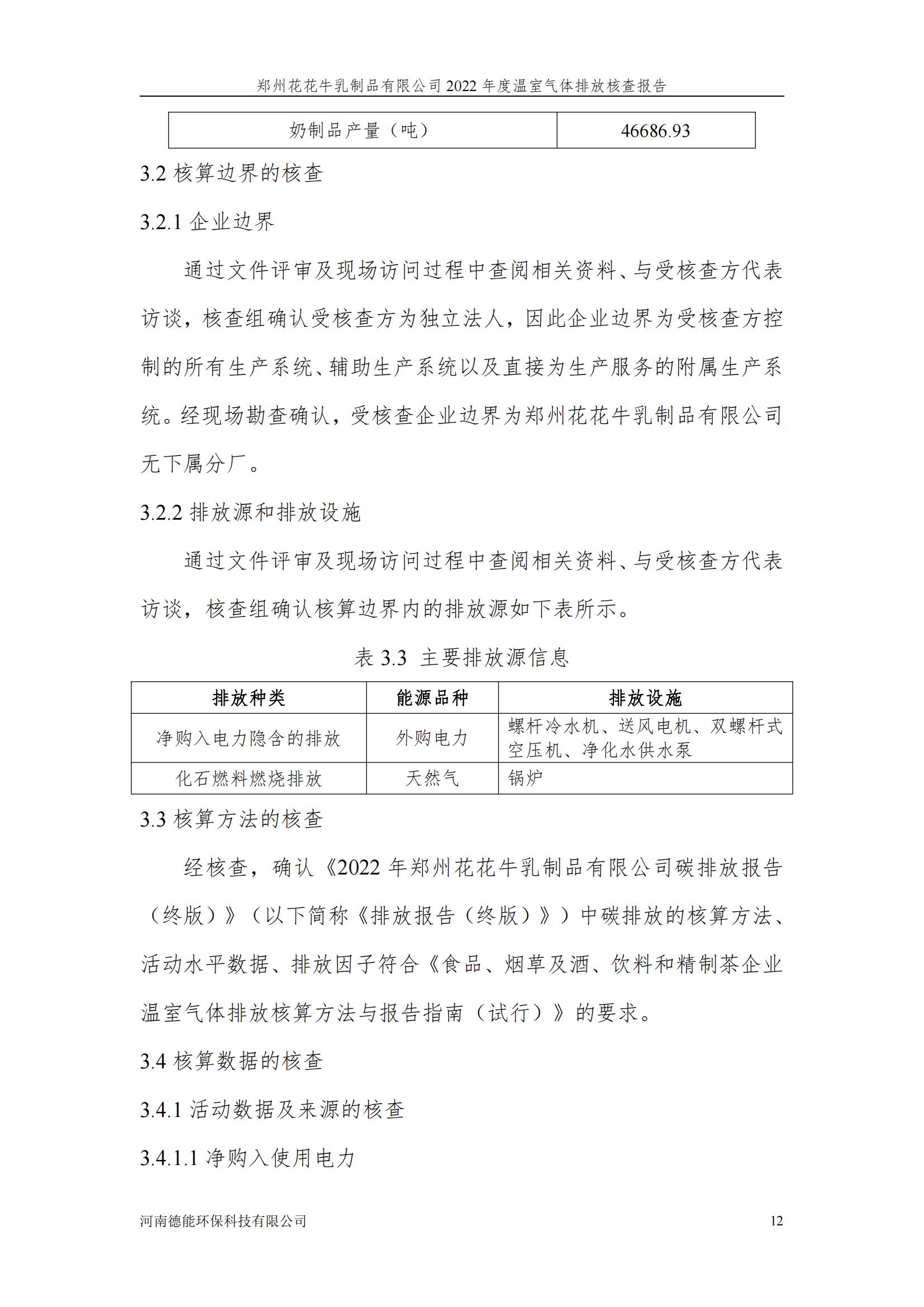 《郑州完美体育在线(中国)唯一官方网站乳制品有限公司2022年度温室气体排放核查报告》公示