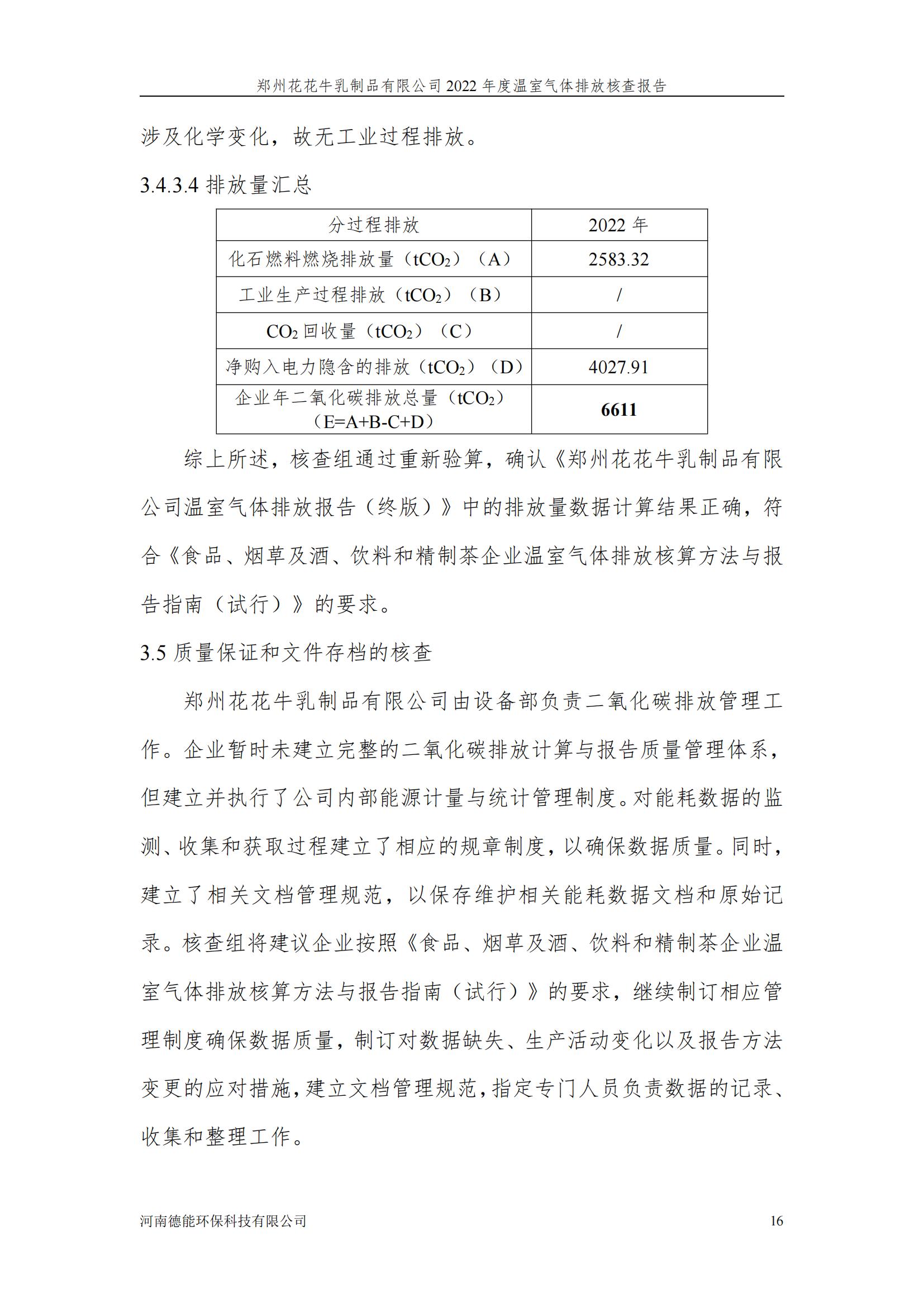《郑州完美体育在线(中国)唯一官方网站乳制品有限公司2022年度温室气体排放核查报告》公示